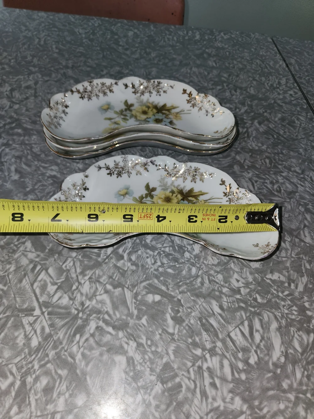 Floral Crescent Bone China Dish - White with Yellow and Green Flowers, Gold Trim